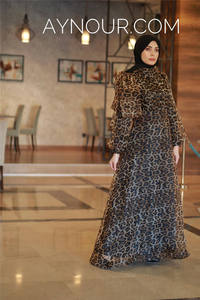 Abbigliamento etnico islamico preghiera elegante soffio maniche lunghe stampa leopardo Organza Chiffon abito Abaya musulmano Dubai <span class=keywords><strong>turchia</strong></span> Ramadan - Product Image 6