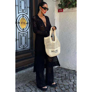 Cárdigan largo calado Bridget para mujer, tejido, de manga larga, estilo bohemio, transparente, negro - Product Image 4