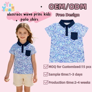 Polo unisexe pour enfants à manches courtes, imprimé vague abstraite sur toute la surface, col contrastant bleu marine, poche poitrine, doux, respirant, style preppy - Product Image 1
