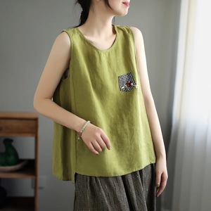 Women's Cotton <b>Linen</b> Sleeveless Tank <b>Top</b> Green Patch Pocket Loose Fit Summer Breathable Woven Casual Outerwear - Product Image 1