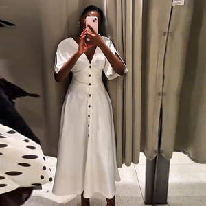 Elegante vestido largo blanco mujer manga corta cuello en V botón cintura alta Slim A-line vestidos 2025 verano señora High Street Robes nuevo - Product Image 5