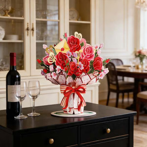 การ์ดอวยพรแบบพับได้ 3 มิติ รูปช่อดอกไม้ - ช่อดอกไม้ที่ถอดออกได้เพื่อการจัดแสดงแยกต่างหาก เหมาะสำหรับเป็นของขวัญวันวาเลนไทน์ - Product Image 2