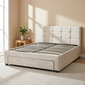Vendita calda moderna struttura in legno tappezzata morbida testa del letto in finto velluto tessuto letto matrimoniale con un cassetto - Product Image 2