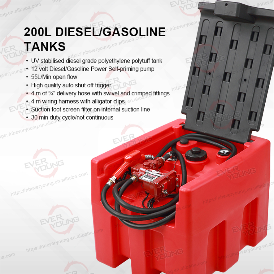Plastic Diesel Fuel Tank 200L with 12V Electric Pump - Portable