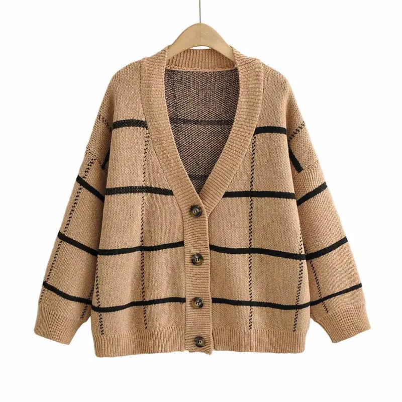 Fashion Retro Check Wool Knit Women's Loose Free Size Long Sleeve Casual Design 2022 Ladies Light Cardigan