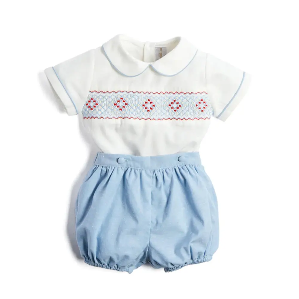 2024 Klaar Om Babyjongens Met De Hand Gemaakt Smokpak Kinderen Zomer Shirt Met Korte Mouwen Blauwe Korte Broek Eid Verjaardagskleding Set