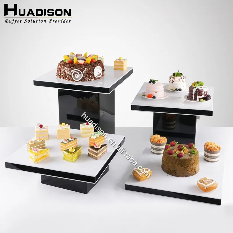 Hua dison Restaurant Ausrüstung mehrstufige Lebensmittel Display Tisch weiß Acryl Buffet Riser für Bankett Party