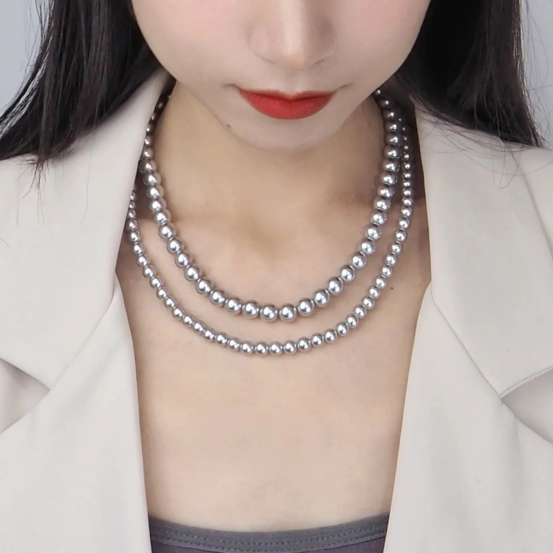 Collar de cadena con cuentas de perlas grises redondas brillantes de 3mm-10mm de Plata de Ley 925 pura para mujeres y niñas, joyería