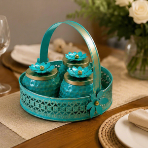 Juego de recipientes decorativos de metal para frutos secos con tapas florales y bandeja a juego, recipientes coloridos para almacenar nueces con asas - Product Image 1