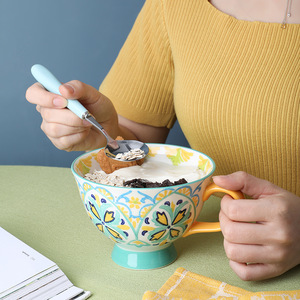 Taza Alta de Cerámica Estilo Étnico Francés, Juego de Café y Té, para Cereal de Desayuno con Diseño Floral - Product Image 4