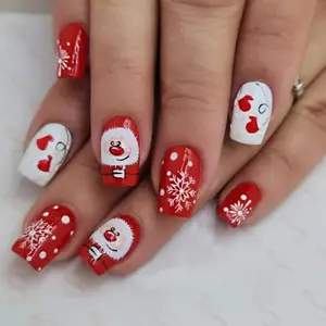 Freehand Painting Kerst 3d Santa Claus Quadrate Acryl Nep Hand Voor Wimper Nagel Tips Set Korte Rode En Witte Aps 24 Pac