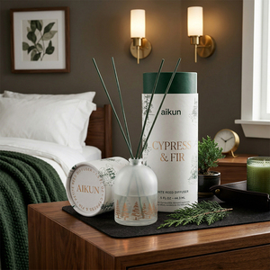 Aikun Frosted Glass <b>Bottle</b> 44ml Natural Rattan IP12 <b>Reed</b> <b>Diffuser</b> With Cylinder Gift Box Cypress Fir Wood Scent For Bedroom - Product Image 1