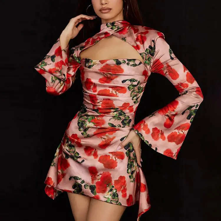 Boutique Customized Red Rose Floral Print Womens Fashion 2021 Dresses Cutout Long Sleeve Mini Bodycon Cotton Dresses Summer