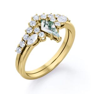 แหวนพลอยมอสอาเกตและมอสซาไนต์ชุบทองคำ 14K เงินสเตอร์ลิง ดีไซน์คลาสสิกแบบฝังหนามเตย เหมาะสำหรับงานเลี้ยงและงานหมั้น - Product Image 4