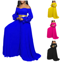 C8611 Dernière Collection : Combinaison Africaine Femme Tendance, Épaules Dénudées, Manches Volants, Couleur Unie, Plissée, Jambes Larges pour Dames