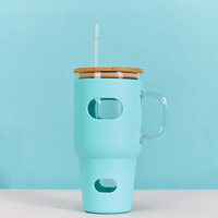 Gobelet isotherme en verre de 32 oz pour café glacé avec paille, manchon en cuir, grande capacité, tasse de voyage pour voiture avec poignée