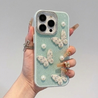 Coque de téléphone 2-en-1 avec cadre diamant à grandes perforations, compatible iPhone 17, motif papillon rose pailleté et perle, anti-chute