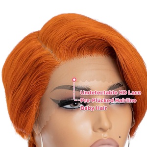 Peluca de <span class=keywords><strong>Cabello</strong></span> Humano Remy Chino Naranja Jengibre para Mujer, Corta <span class=keywords><strong>con</strong></span> Parte Lateral y Encaje HD - Product Image 5