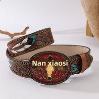 Ceinture de cowboy western avec boucle en alliage tête de taureau, motif à pois, design tendance rétro unisexe punk en relief, largeur 3,8 cm, 100-120 cm