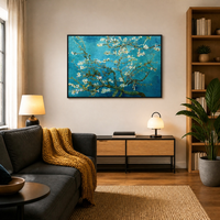 Tableau mural encadré Van Gogh « Fleurs d'amande » avec cadre en aluminium noir mat – Décoration artistique classique pour bureau, hall d'entrée, appartement en copropriété