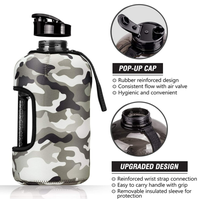 Bouteille d'eau de sport de 2,2 L (demi-gallon) avec housse et couvercle, sans BPA, grande bouteille d'eau de 64 oz avec poignée