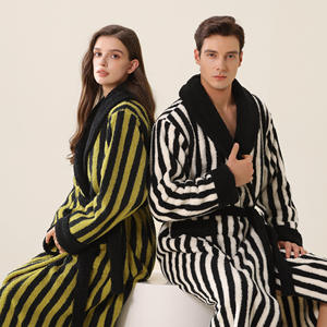Peignoir <span class=keywords><strong>en</strong></span> <span class=keywords><strong>polaire</strong></span> pour <span class=keywords><strong>homme</strong></span>, motif rayé avec col <span class=keywords><strong>en</strong></span> fourrure <span class=keywords><strong>de</strong></span> luxe, <span class=keywords><strong>robe</strong></span> <span class=keywords><strong>de</strong></span> <span class=keywords><strong>chambre</strong></span> d'hiver douce et chaude longueur cheville - Product Image 2