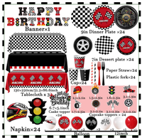 Vaisselle de fête d'anniversaire pour garçon, voiture de course, gobelets, serviettes, nappe, décoration de gâteau, vaisselle jetable, ensemble de vaisselle, drapeau d'anniversaire, fournitures de ballons