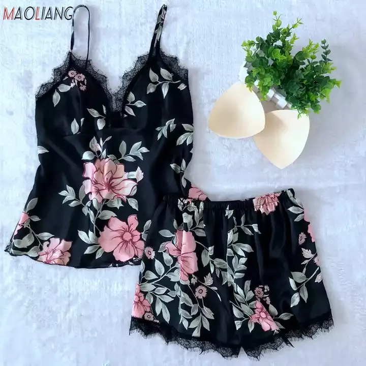 9068 Hot Selling Ladies Sleeveless Short Pants Floral Printed V-neck Pajamas Set Women Two Piece Sleepwear Set