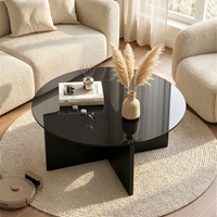 Table basse en verre trempé avec cadre en bois, base géométrique croisée, résistante aux rayures, facile à nettoyer, meubles modernes pour salon