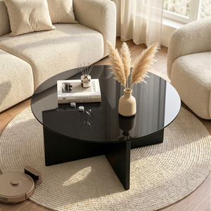 Mesa de centro redonda de vidrio templado con base geométrica cruzada, resistente a los arañazos, fácil de limpiar, mesa de centro moderna para sala de estar - Product Image 2
