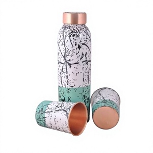 Bouteille d'eau en cuivre effet marbre, imprimé bicolore, réutilisable, avec verre assorti, pour voyage, bureau et cuisine - Product Image 1