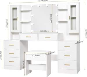 מתכווננת 3 מצבי תאורה לבן גדול איפור שולחן עץ שולחן סלון הלבשה שולחן הלבשה שולחן עבודה עם שקע כוח - Product Image 3