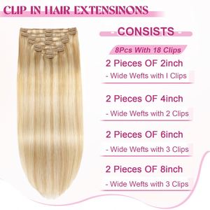 Extensions de cheveux humains vierges Remy 100% à clipser, cheveux européens, lisses, droits, qualité luxueuse, doux, brillants, sans perte de cheveux - Product Image 2
