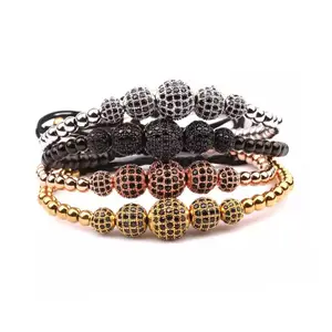 Bracelet de luxe en macramé avec perles en acier inoxydable, plusieurs tailles, noir, CZ, pavé, or, plaqué PVD, JBS9420