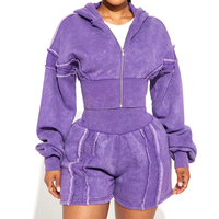 Ensemble sweat à capuche court zippé et short en molleton de coton respirant, délavé à l'acide, de luxe décontracté et de haute qualité pour femme
