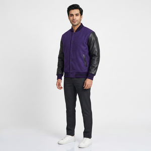 2026 Custom Logo <b>Leather</b> Sleeves Embroidery Black College Baseball Men's Jacket Letterman Light Blue Varsity Jacket OEM Service - Product Image 1