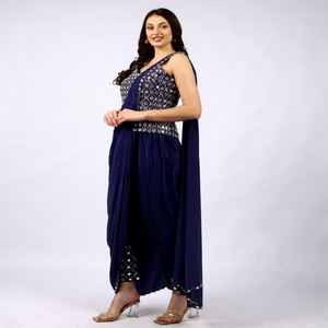 Conjunto Tradicional Real para Mujer: Top Corto con Pantalones Palazzo, Adorno de Pallu y Espejos en Todo el Cuerpo y BTM - Product Image 1