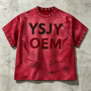 OEM Maßgeschneidertes Y2K High Street Acid Washed T-Shirt Vintage Distressed Übergroßes T-Shirt mit Metallösen Bemaltes Grunge Herren-T-Shirt - Product Image 2