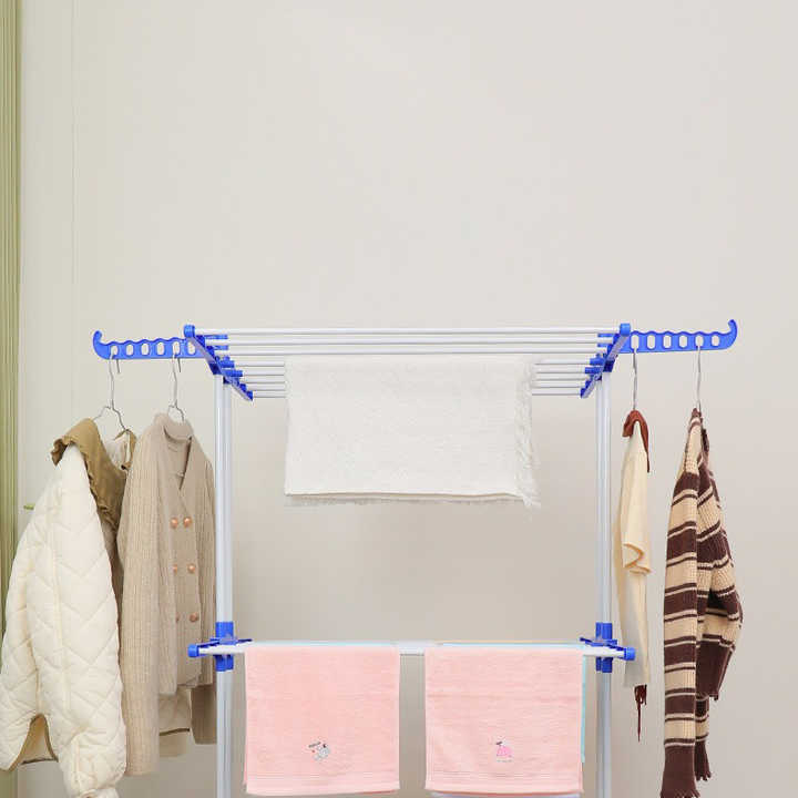Home Folding Telescopic Floor-standing Double Pole Clothes Rack Foldable hang Cloth Drying Rack Metal Iron Clothing Dryer Rack