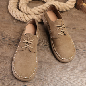 Chaussures de marche pour hommes en cuir véritable à lacets, bout rond, semelle en caoutchouc respirante, tige en cuir de vachette, couleur unie, style décontracté - Product Image 3