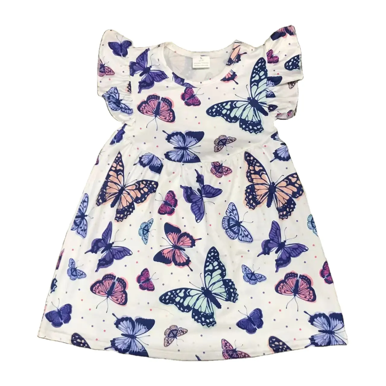 Ropa de Boutique para bebés y niños pequeños, vestido de cintura con estampado de mariposa, manga voladora, venta al por mayor