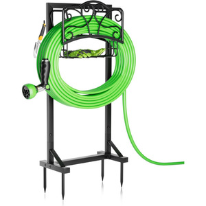 <b>Garden</b> hose holder with storage basket and tool <b>hook</b>. Metal hose rack can hold up to 160 feet of hose. - Product Image 1