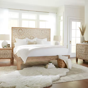 Stylish Mango Wood Geometric Carved <b>Bed</b> <b>Queen</b> <b>Size</b> With Sturdy Solid Wood <b>Frame</b> Elegant Design Perfect For Modern Bedrooms - Product Image 1