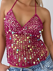 <b>Sparkly</b> Sequin Fringe Halter V-Neck Mesh See-Through Festival Party <b>Top</b> & FTS 1688 DDP Shipping Buying Service - Product Image 4