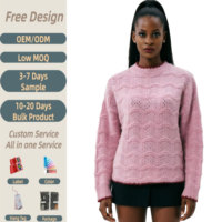 Pull en maille à motif vague ajourée, motif plumes et éventails en dentelle festonnée, bordure contrastante en fourrure, col rond, tricot oversize, vente en gros