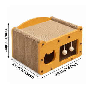 Maison à gratter pour chat en bois, avec tapis à gratter ondulé, abri pour chat avec balles suspendues, installation facile, mobilier d'intérieur pour animaux de compagnie - Product Image 6