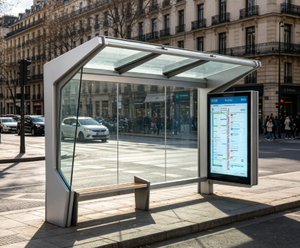 Abri <span class=keywords><strong>de</strong></span> bus moderne en verre trempé Rusuu Shanghai avec sièges extérieurs, dimensions personnalisées, cadre pour affiches et recharge USB - Product Image 3