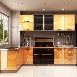 Uitstekende keuken Aangepaste gele lak met zwart glas Keukenkast