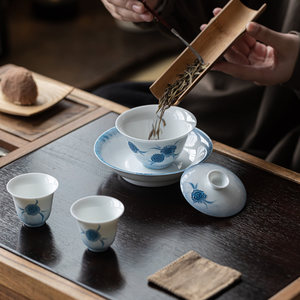 Guanlan Hand Painted Gaiwan Ceramic <b>Tea</b> Bowl Blue Floral Pattern White Porcelain Heat Resisting <b>Tea</b> <b>Set</b> For Women - Product Image 3