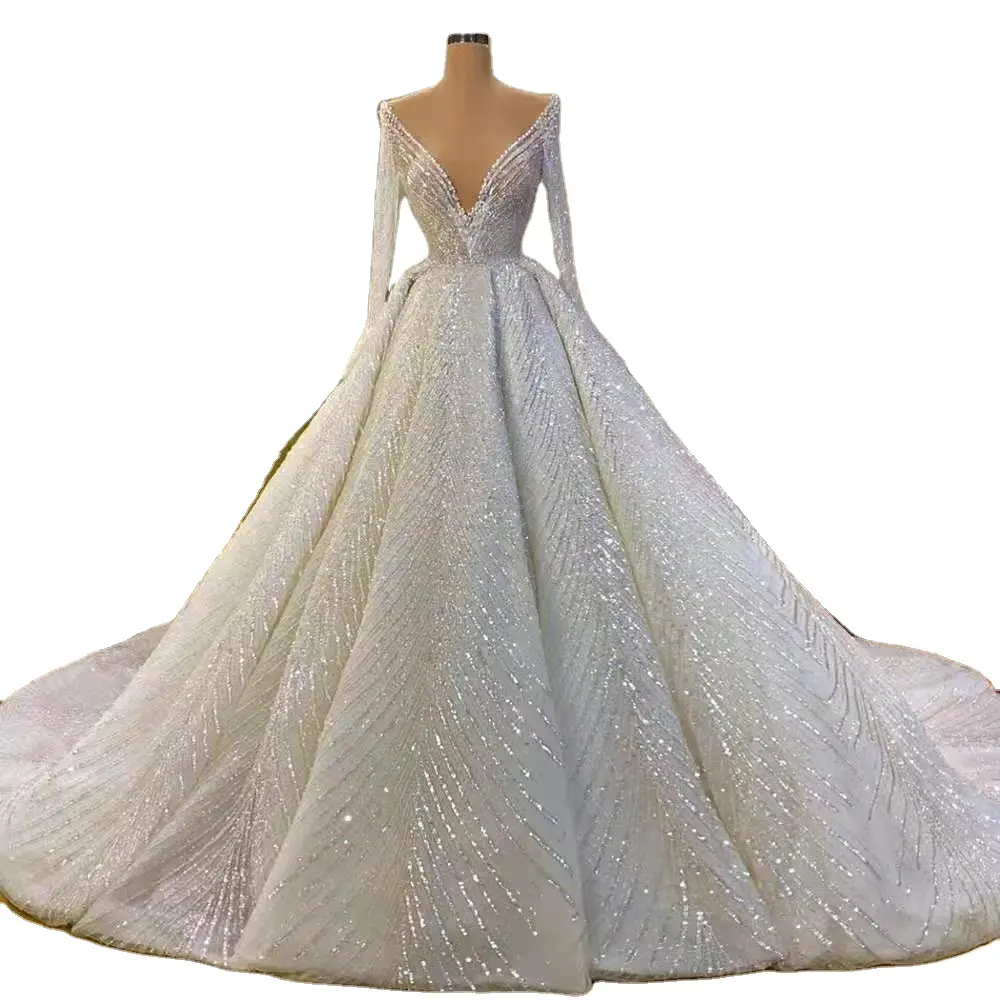 Fashion Shining Long Sleeve Ball Gown Wedding Dress Beading Saudi Arabia Bridal Dress